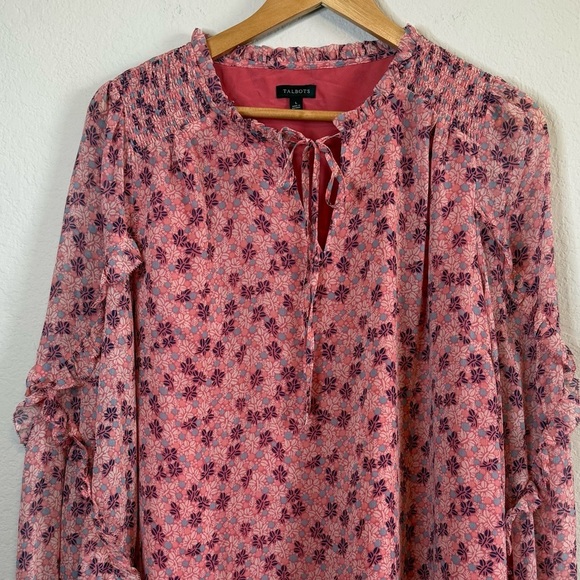Talbots Pink Floral Ruffle Long Sleeve Sheer Overlay Whimsical Shirt Blouse Top - Picture 3 of 10